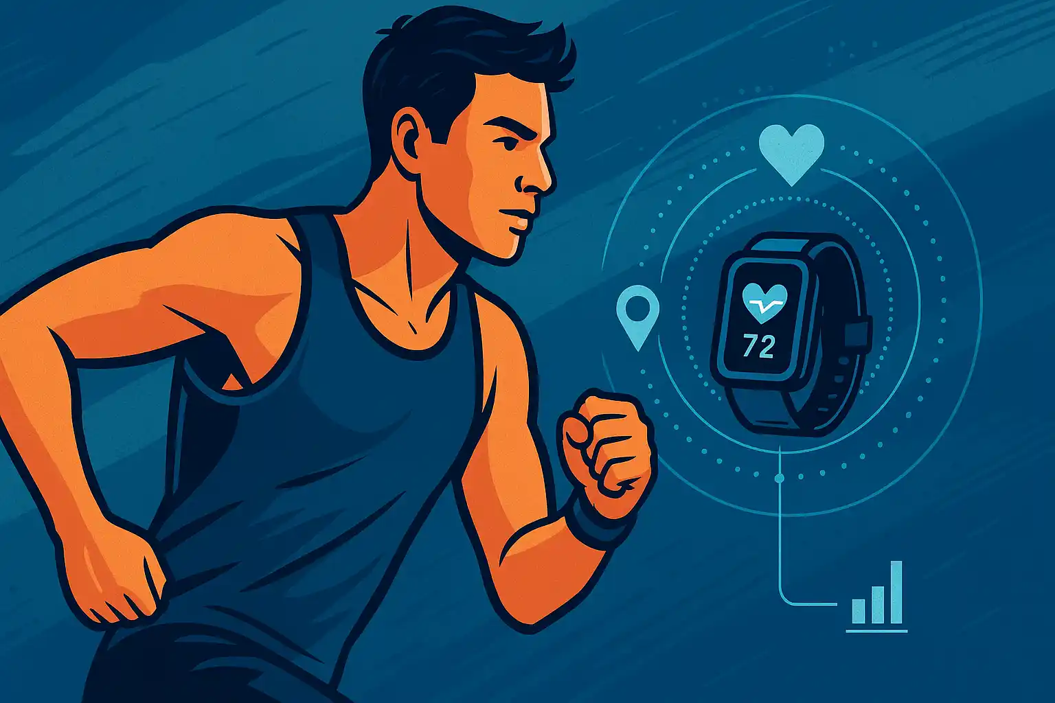 An athletic person is running with an advanced technological fitness tracker.