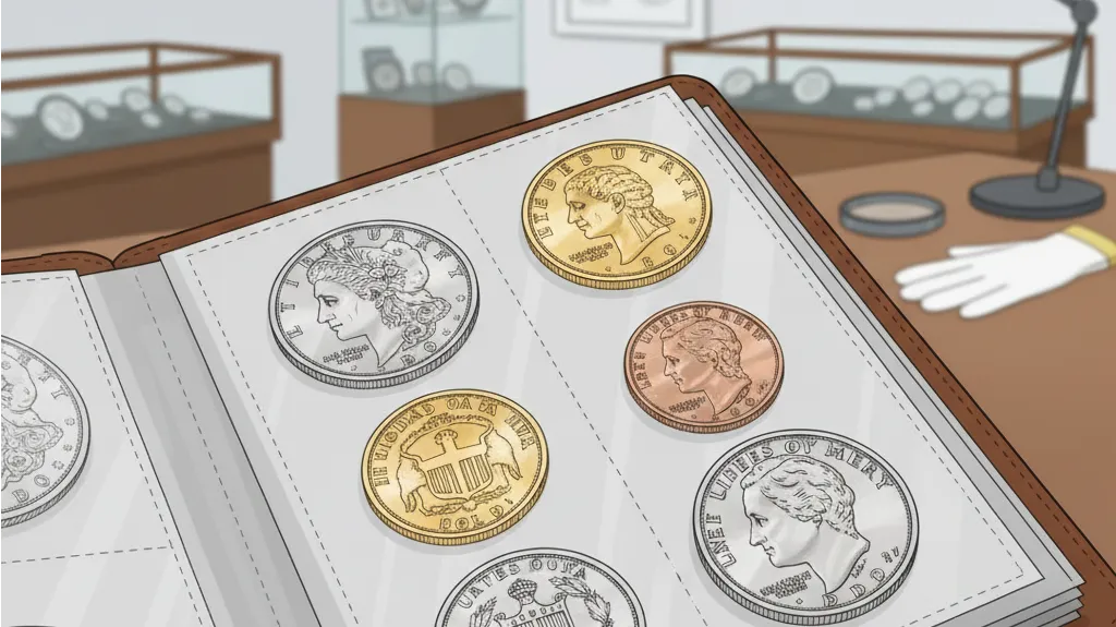 close-up look of the coins in the album