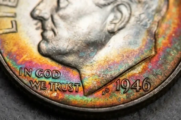 extreme macro of a 1946 Roosevelt dime obverse